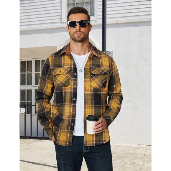 Coofandy Men Black Yellow Flannel Plaid Button Down Jacket Shirt with Pockets - Picture 2 of 5